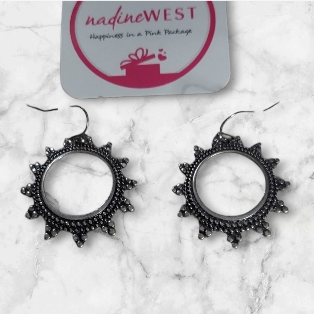 NWT Nadine West Antiqued Silver Sunburst Hoop Earrings ~1 1/4"